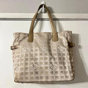 Chanel Travel Line Coco Tote CC Logo Monogram Beige Cream Nylon Vintage